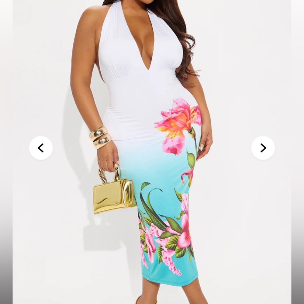 Fashion Nova White to Aqua Ombre Halter Floral Midi Dress